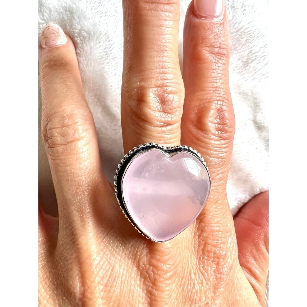 925 Self Love Heart ❤️ Rose Quartz Ring 8 3/4 - Picture 2 of 5